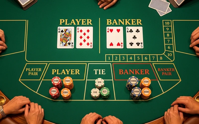 Bàn Baccarat nhìn từ trên xuống với vị trí cược Banker và Player