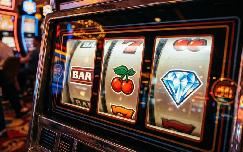 Cuộn quay slot machine với biểu tượng trái cây và số 7